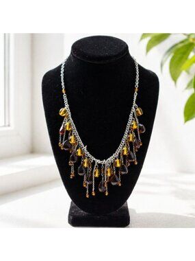Vintage Amber Beaded Dangle Necklace With Silver-Tone Chain 30 Cm Length Adjusta